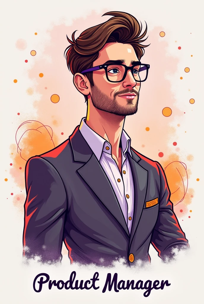 An image should be playful, Not a real photo, that represents a handsome male persona with the role of product manager in the technology area, with predominant shades of purple and gray and a little orange. Write at the bottom of the image "Product Manager"