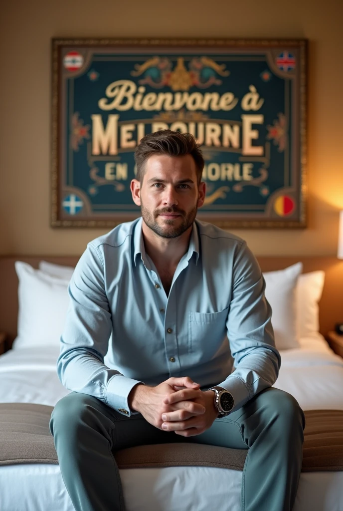 Homme caucasien grand de taille, charmant, un tout petit peu costaud, habillé en pantalon et tee-shirt manche longue, assis ou adossé sur une table dans une grande chambre d'hôtel et sur le lit de l'hôtel qu'il soit déposer un cadre photo grand ou moyen qu'il est possible de faire arrêter sur le lit et faire face à la caméra et sur le mur du chevet du lit un tableau sur lequel il est écrit en français : Bienvenue à Melbourne E AUSTRALIE et autour de la phrase qu'il y ait les emblèmes du Canada Québec ou le drapeau du Canada Québec