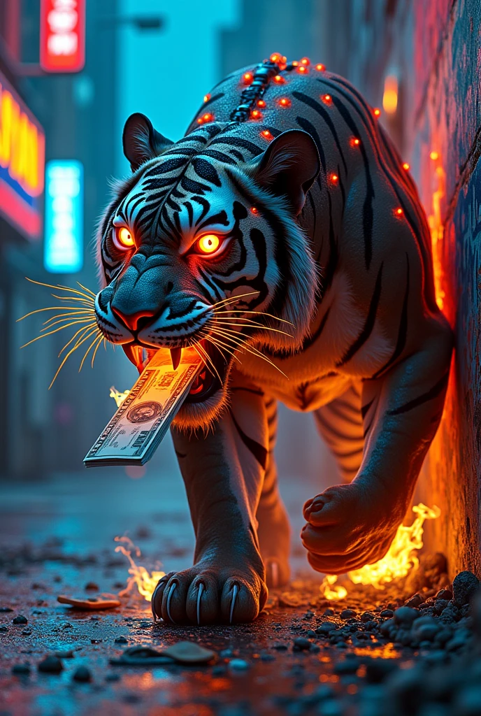 A powerful cyberpunk demon tiger with burning banknotes., With MYM logo