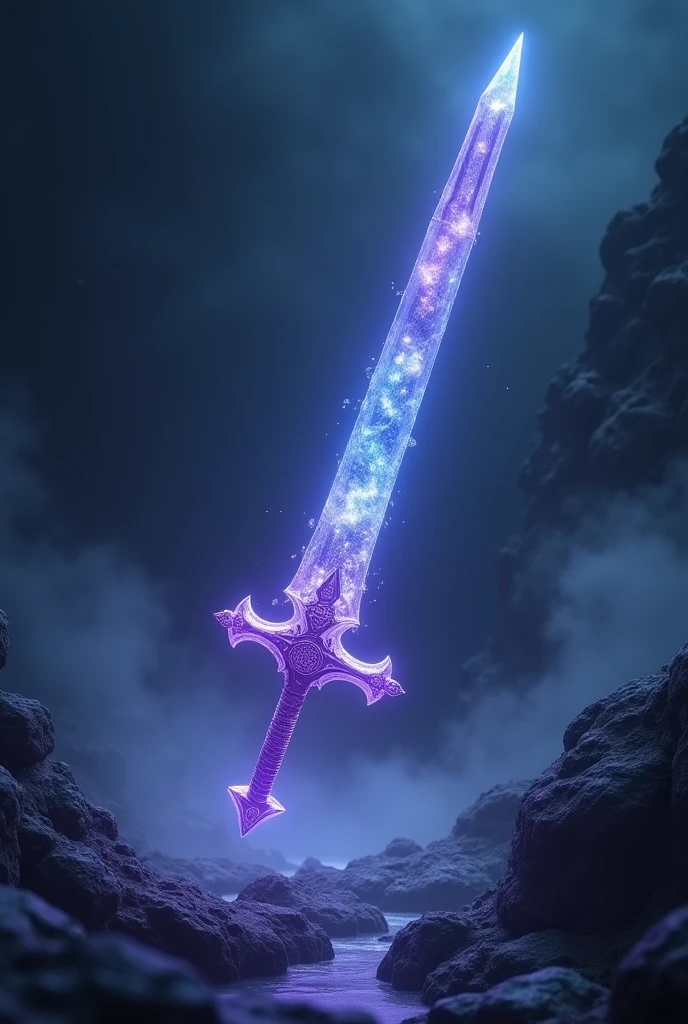 hyperrealistic, a long sword in opaque purple crystal, floating in the air, a blue glow is perceptible inside