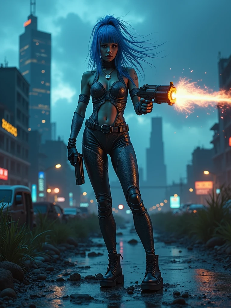 Hyperrealistic photo of a woman in xenomorph style with LED lights, blue hair, firing a plasma gun, urban landscape post-apocalyptic world. complexity of details in the image., sharp focus