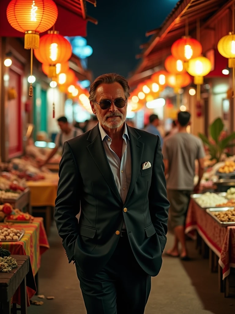 Alain Delon at the Asian Market: Alain Delon walking through an Asian street market at night, with bright red lanterns illuminating colorful stalls. He is wearing a casual suit, interacting with the lively and vibrantly colored environment, while the surrounding scenery is saturated with intense hues and realistic details.