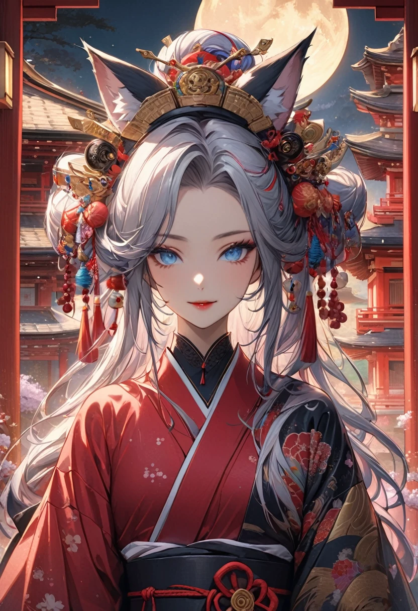 Ink painting, (((1 girl))), (((Tattoo in the middle of the forehead))),(((In the background is the Akatsuki moon))), (((Oiran))), (((Great hair accessories))), Demon possession, ((Masterpiece:1.2)), ((Highest quality)), Extremely detailed and delicate illustration style, Detailed leather texture, Detailed canvas texture, Very detailed description, (Masterpiece T), Extremely beautiful illustration, Highly detailed face, Raw image, professional, Ultra-high resolution panel, Complex details, Superior detail, Intricate decoration details, Perfect ???????, real, (A very beautiful and kind silver fox woman or girl with blue eyes wearing a kimono), ((Beautiful silver fox ears)), (Beautiful silver fox tail), (Beautiful and shiny silver hair), (Beautiful and clear blue eyes), (Beautiful detailed eyes:1.6), ((Japanese temple priestess style: 1.7)), (Traditional tailored outfit), Front view, White flower kimono, Long red hakama skirt, A maxi skirt, Modestly dressed, He smiles, ((Standing and looking at me)), ((The day)), (Extremely detailed and beautiful Japanese temple construction), (8K Highest quality wallpaper), (Extremely detailed and delicate background)
