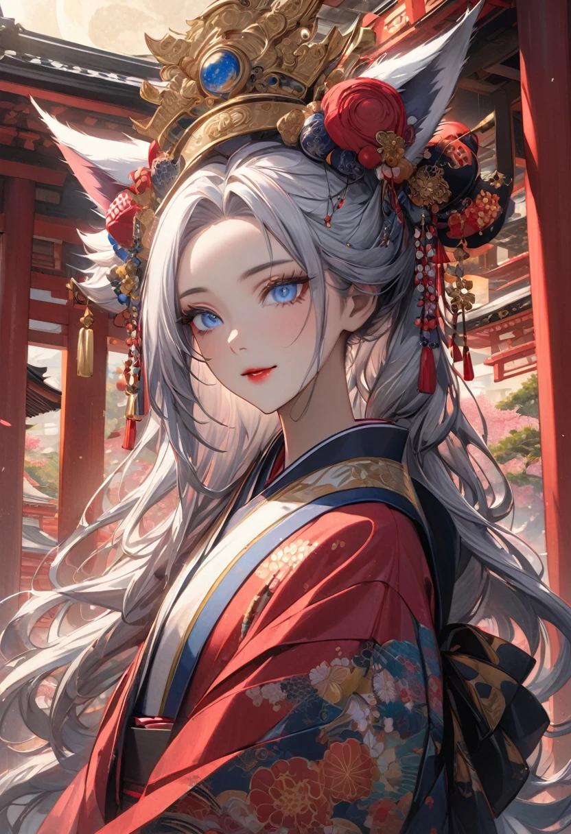Ink painting, (((1 girl))), (((Tattoo in the middle of the forehead))),(((In the background is the Akatsuki moon))), (((Oiran))), (((Great hair accessories))), Demon possession, ((Masterpiece:1.2)), ((Highest quality)), Extremely detailed and delicate illustration style, Detailed leather texture, Detailed canvas texture, Very detailed description, (Masterpiece T), Extremely beautiful illustration, Highly detailed face, Raw image, professional, Ultra-high resolution panel, Complex details, Superior detail, Intricate decoration details, Perfect anatomy, real, (A very beautiful and kind silver fox woman or girl with blue eyes wearing a kimono), ((Beautiful silver fox ears)), (Beautiful silver fox tail), (Beautiful and shiny silver hair), (Beautiful and clear blue eyes), (Beautiful detailed eyes:1.6), ((Japanese temple priestess style: 1.7)), (Traditional tailored outfit), Front view, White flower kimono, Long red hakama skirt, A maxi skirt, Modestly dressed, He smiles, ((Standing and looking at me)), ((The day)), (Extremely detailed and beautiful Japanese temple construction), (8K Highest quality wallpaper), (Extremely detailed and delicate background)