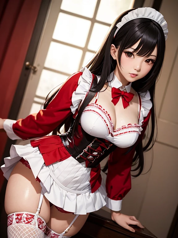 Photorealistic, high resolution, A Japanese Maid named Kimmi, solo, heavy makeup, Hips up, (standing) (Detailed face), Black hair, Long hair, red and white corset, white lace Panties , red micro skirt, fishnet Stockings. Fully clothed.