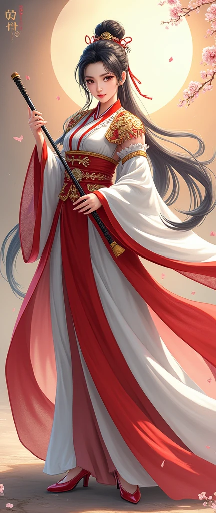 Create a high-resolution, highly detailed image of Huang Rong (อึ้งย้ง), the female protagonist from the Legend of the Condor Heroes. She is standing full-body, facing the camera, dressed in a beautiful traditional Chinese outfit. Her clothing should reflect traditional Chinese styles with creative elements. She holds her signature weapon, appropriate for her character. The background is beautiful and complements the character, with the option to change the colors of her outfit while keeping the overall design consistent.