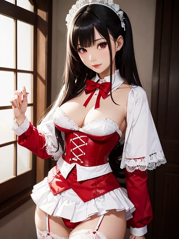 Photorealistic, high resolution, A Japanese Maid named Kimmi, solo, heavy makeup, Hips up, (standing) (Detailed face), Black hair, Long hair, red and white corset, white lace Panties , red micro skirt, fishnet Stockings. Fully clothed.