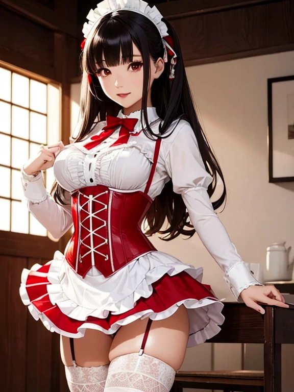 Photorealistic, high resolution, A Japanese Maid named Kimmi, solo, heavy makeup, Hips up, (standing) (Detailed face), Black hair, Long hair, red and white corset, white lace Panties , red micro skirt, fishnet Stockings. Fully clothed.