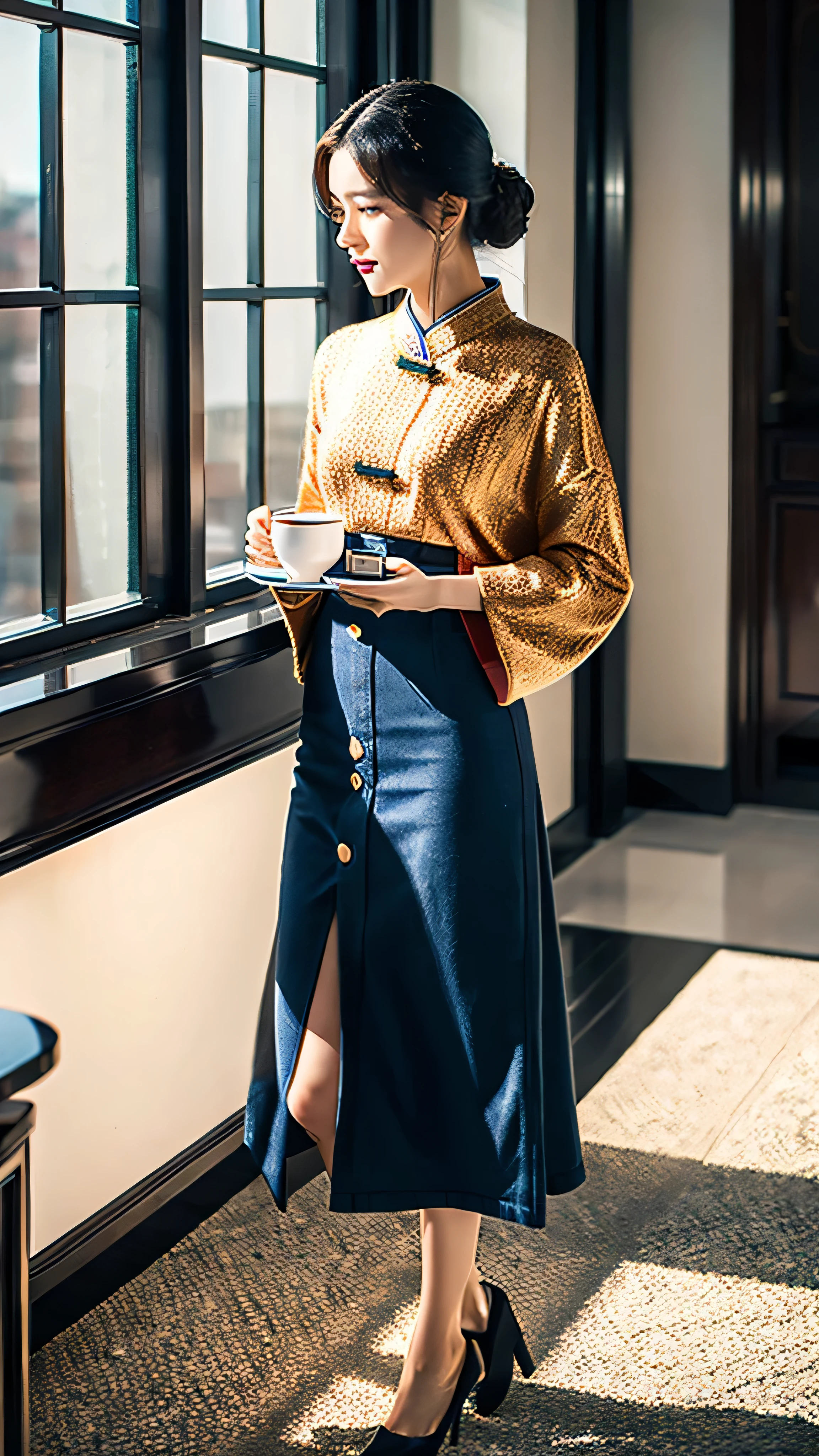 a young chinese rich woman wearing modern clothes and drinking tea from a porcelain cup while standing