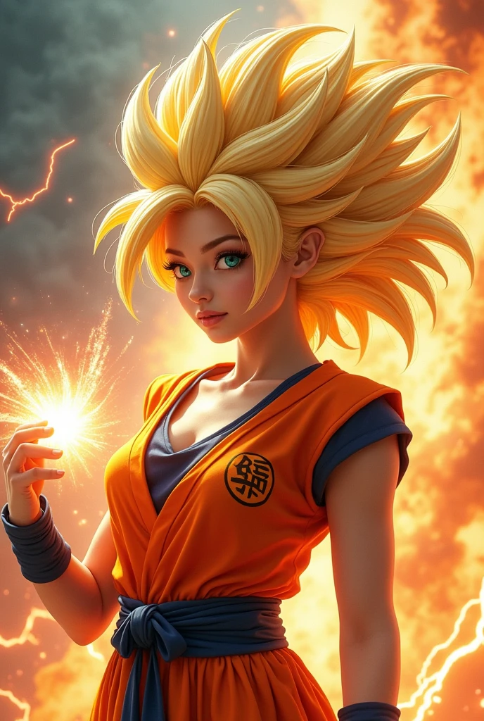 Beautiful big breasts asian women cosplay as goku in super saiya state, with power on her hand ready to shoot kamehameha, realistic photography, look at the viewer,