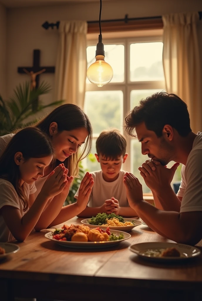 A family of four, consisting of a father, mother, a teenage daughter and a younger son, are gathered around a simple dining table in their home. Hands are held, and everyone has their eyes closed in prayer before the meal. There is a sense of togetherness and gratitude in the room. The table is set with a modest meal, and a crucifix hangs on the wall in the background, indicating the family’s faith. Soft evening light streams in through the window, creating a cozy, family-like atmosphere.