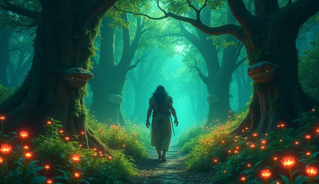 **Prompt:** "A dense, enchanted forest filled with glowing, magical plants and trees that have faces and speak. King Dasharatha is shown cautiously walking through, with vines and branches moving as if alive. The forest floor is covered in vibrant, luminescent flowers, and mystical creatures peek from behind the trees, creating a surreal and otherworldly environment."