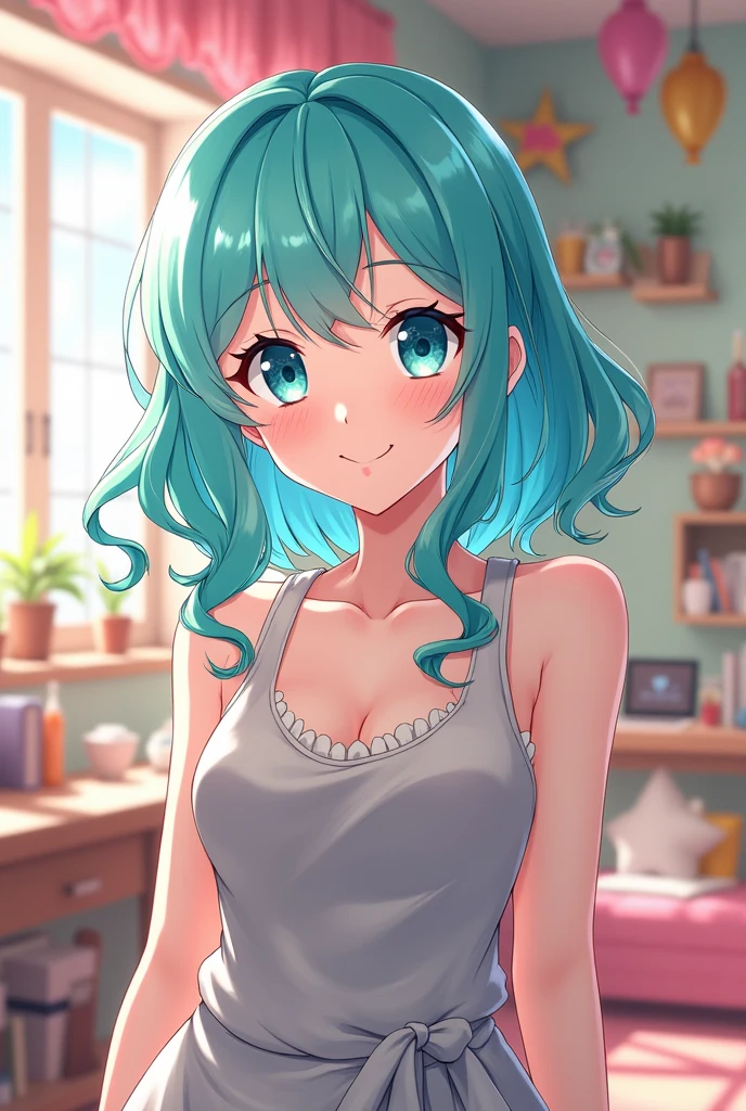 anime girl with blue hair and blue eyes in a room, Anime Moe Art Style, Cute girl anime visuals, Happy smile, Turquoise hair anime girl, An anime character named Lucy, Woman with short blue hair, [[[[smile wickedly]]]], Anime Best Girl, Beautiful blue hair girl, Smooth anime CG art, Full body with blue hair