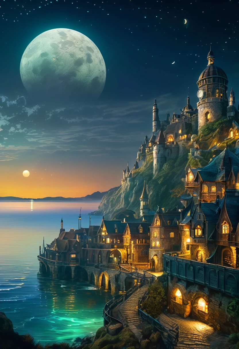 Distant view of a medieval steampunk coastal fortified city at night in a calm, curved sea bay, Houses made of ancient stones, Two moons in the night sky, Hypnotizing image, Captivating image, dnd, ultra-realistic, artistic, cinematic lighting, smooth details, work of art, perfect perspective, Extremely finely drawn, full - length portrait, High-quality depth map