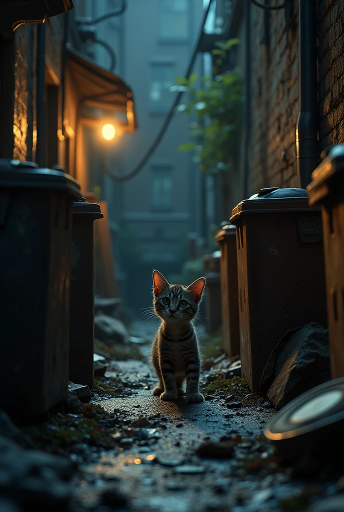 In a dimly lit alley, a small, scruffy cat named Oliver navigates the maze of trash cans and discarded boxes. His fur is matted, and his eyes hold a mixture of sadness and hope. He peers into a restaurant's back door, watching as people come and go, but no one notices him. Oliver’s stomach growls, reminding him of his hunger. He curls up in a corner, trying to stay warm as the cold night air creeps in.
