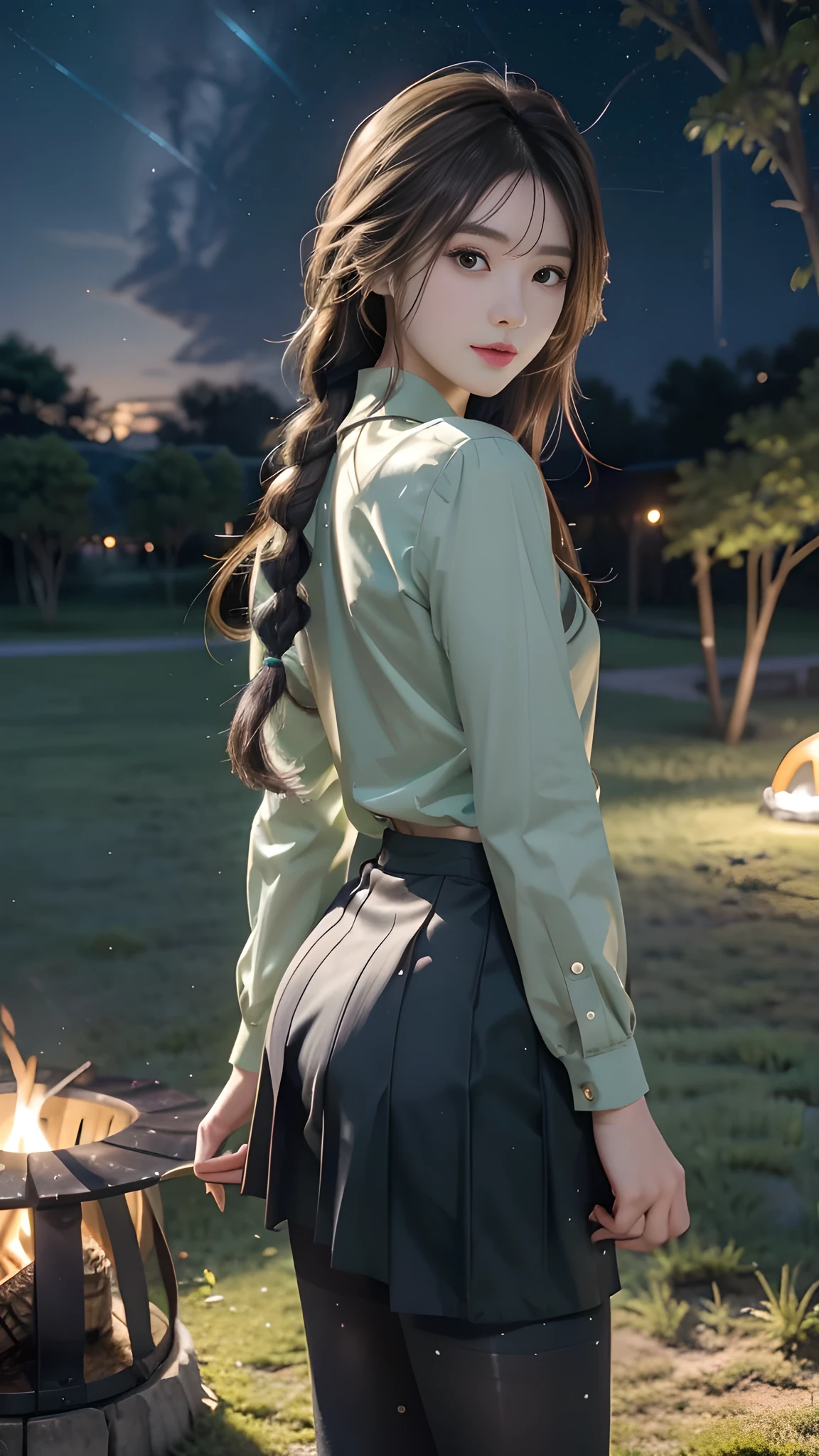 ulzzang-6500-v1.1, (RAW photo: 1.2), (Real photo), (Real photo: 1.4), 1 girl、Perfect anatomy、19 years old、Looking at the camera、((from behind)), Medium length hair、side braid, short uniform skirt, Dancing by the campfire on the green grassland at nigh, under the starry night sky, ((starry night: 1.1))、(Surreal tights: 1.2), (Business service)、Asian eyes Ella,