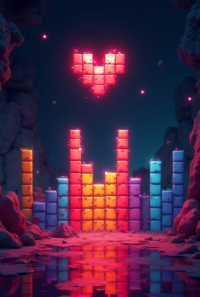 An image of the game Tetris with a red piece falling, about to complete the shape of a heart.