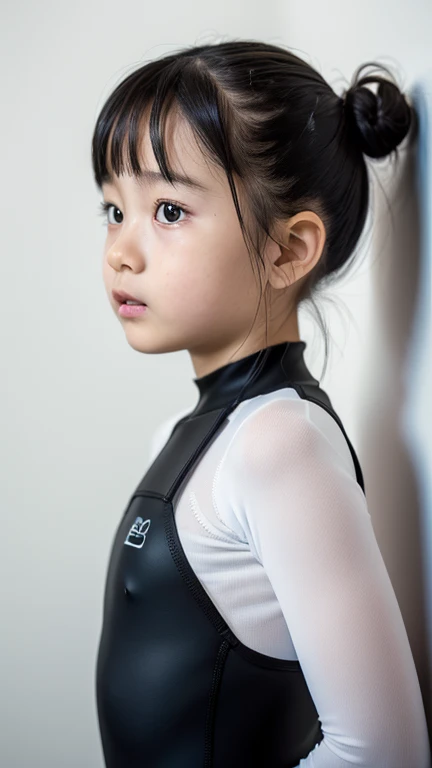 (best quality, masterpiece:1.4), ultra high res, 8k, ultra-detailed, (photo-realistic:1.2), RAW photo, perfect anatomy, detailed face, detailed eyes, detailed skin, 1girl, cute, Japanese, ( girl:1.3), bun, bangs, standing, Thin and tight fitting wetsuits, black hair, soft light, cinematic lighting, cinematic shadows, (looking at viewer:1.2), white wall background