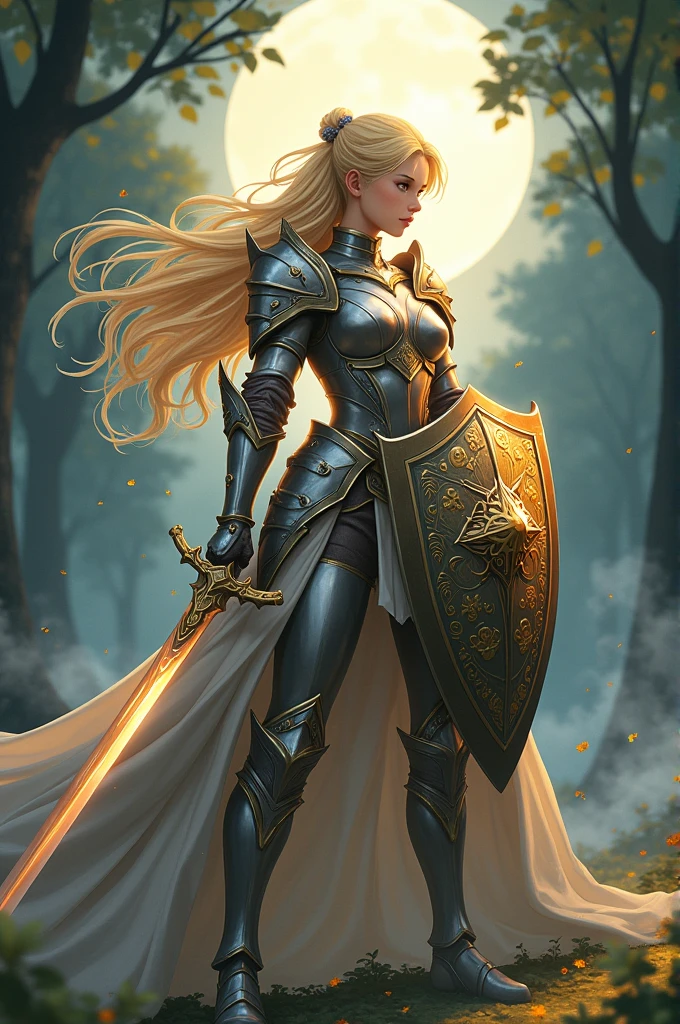 Adult anime girl venitian blonde hair plate armor with light blade sword and shield