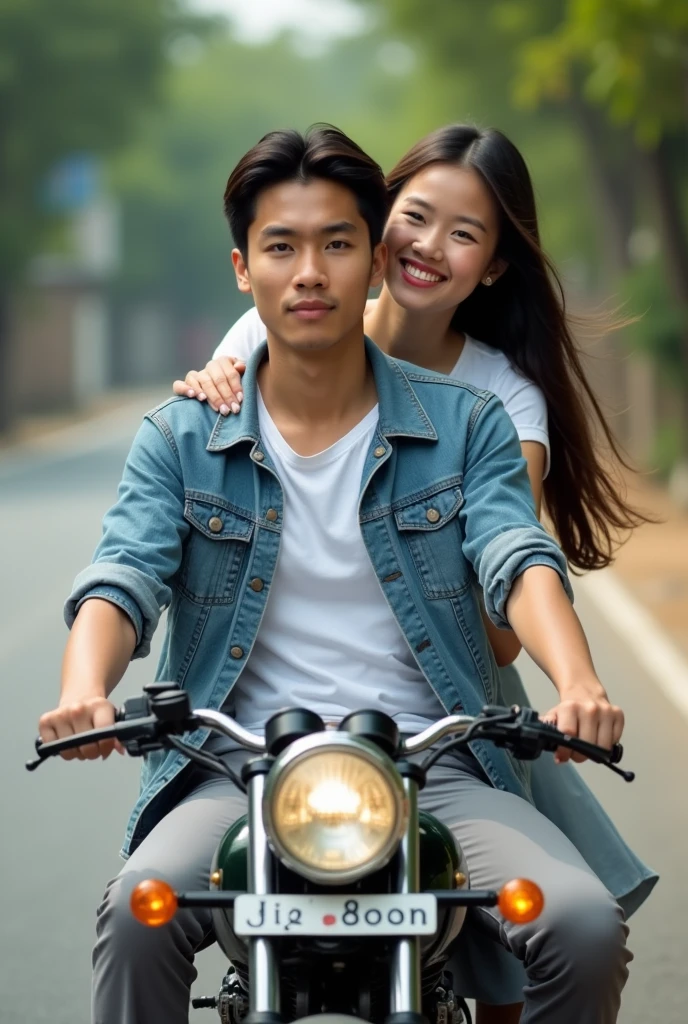 foto nyata. pria muda wajah indonesia. ekspresi wajah cemberut rambut belah tengah. memakai seragam lengan pendek putih dibalut jaket jeans. celana panjang abu abu. mengendarai sebuah motor CB classic dibelakang memeluk seorang wanita muda cantik. memakai kemeja lengan pendek putih. rok abu abu. rambut panjang wajah indonesia. disebuah jalan., Ultra-realistic 8K photograph, background is slightly out of focus, natural light gently highlights the subjects, shot with a Leica Q2, strong color contrast and sharp clarity --ar 9:16 --quality 2 --sref https://s.mj.run/-ezwJF7i37w --personalize iucdg1v --stylize 750 --v 6.1
