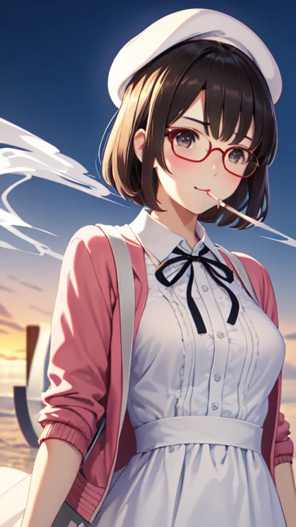 (masterpiece:1.6, best quality), (finely detailed beautiful eyes: 1.2),  ph_katou, katouhdlong, katouhd, 1girl, solo, holding eyewear, hat, eyewear removed, dress, brown hair, bangs, holding, short hair, simple background, glasses, jacket, white background, open jacket, smile, white headwear, brown eyes, open clothes, blush, white dress, red jacket, ribbon, long sleeves, standing, closed mouth, beret, bow, neck ribbon, breasts, black ribbon, buttons, medium breasts, black-framed eyewear, short dress, backlighting, wing collar, manka,
(Smoking: 1.5), 1 cigarette, cigarette smoke, displeased expression, glaring at me