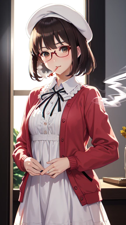 (masterpiece:1.6, best quality), (finely detailed beautiful eyes: 1.2),  ph_katou, katouhdlong, katouhd, 1girl, solo, holding eyewear, hat, eyewear removed, dress, brown hair, bangs, holding, short hair, simple background, glasses, jacket, white background, open jacket, smile, white headwear, brown eyes, , blush, white dress, red jacket, ribbon, long sleeves, standing, closed mouth, beret, bow, neck ribbon, , black ribbon, buttons, , black-framed eyewear, short dress, backlighting, wing collar, manka,
(Smoking: 1.5), 1 cigarette, cigarette smoke, displeased expression, glaring at me