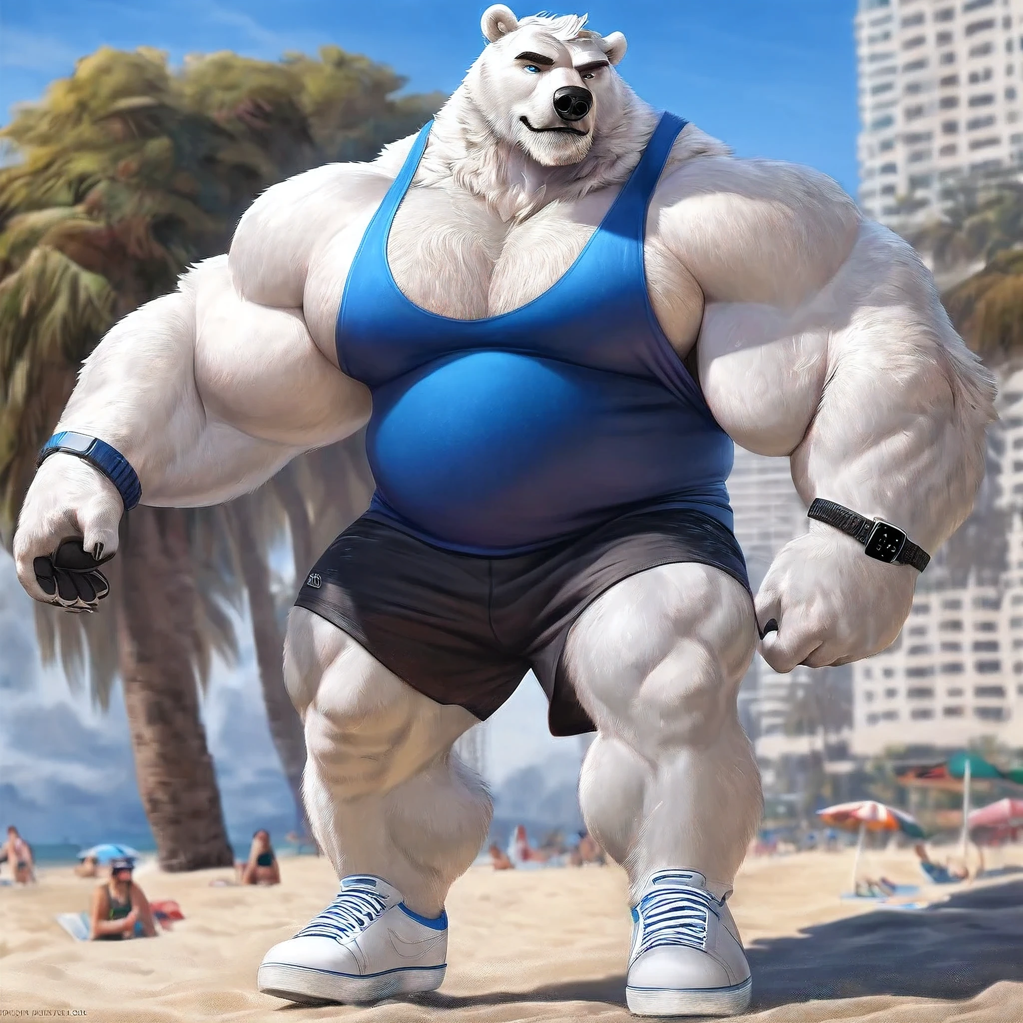 huge muscular polar bear in California beach, big smirk, polar bear, huge white fur, thick arm, huge arm, white mustache, bearded white. white hair and beard, bearded, (muscular, pectoral, wide pectoral, thick arms), realistic, 8k, masterpiece, detailed eyebrows, detailed eyes with blue pupils, (wearing black shorts, wristband, watch, blue tank top and white shoes), bounces his pecs like a drum