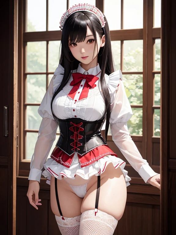 Photorealistic, high resolution, A Japanese Maid named Kimmi, solo, heavy makeup, Hips up, (standing) (Detailed face), Black hair, Long hair, red and white corset, white lace Panties , red micro skirt, fishnet Stockings. Fully clothed.