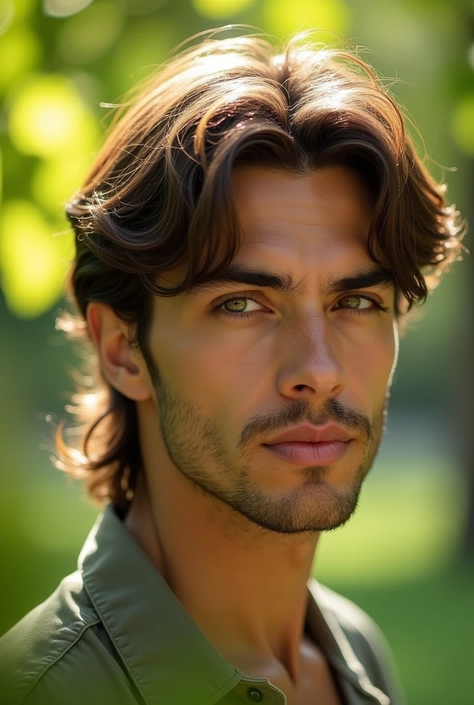 Handsome man 25-35 years old, in the park, mullet, brown hair, close up, satellite image, backlighting, UHD, high quality, best quality, highres, 8k, 16k