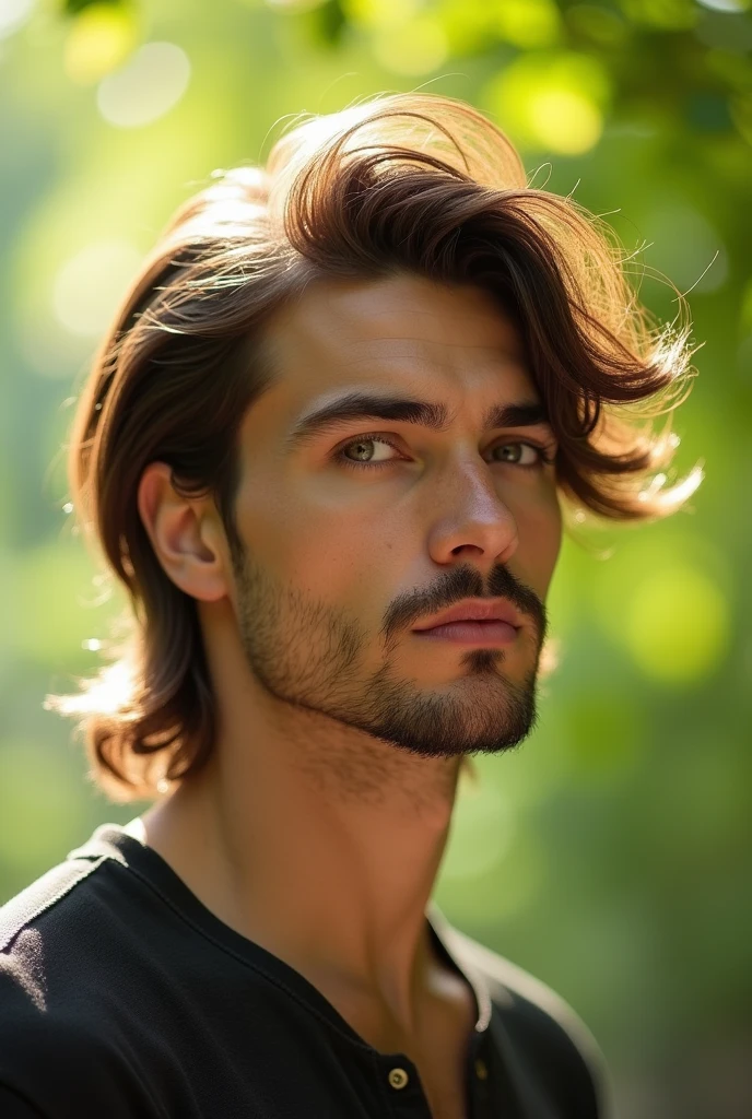 Handsome man 25-35 years old, in the park, mullet, brown hair, close up, satellite image, backlighting, UHD, high quality, best quality, highres, 8k, 16k