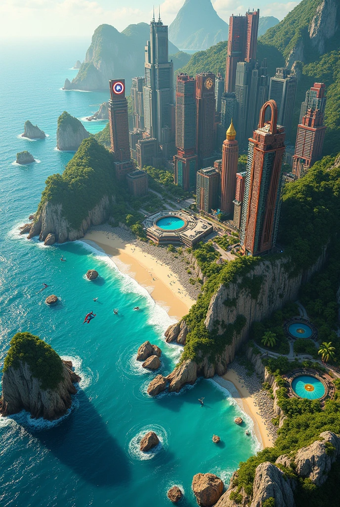 Create a Marvel-themed island, with heroes seen in top view