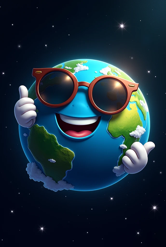 Earth from space wearing sunglasses and giving a thumbs up with a mischievous look.