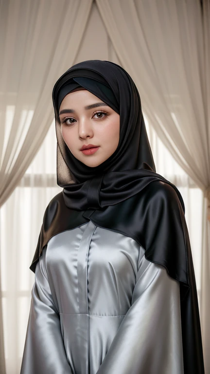 RAW photo of a 24 year old girl wearing hijab, satin abaya, satin, hijab face portrait, neutral background, 8k uhd, dslr, soft lighting, high quality, film grain, Fujifilm XT3, covered dress, decent dress