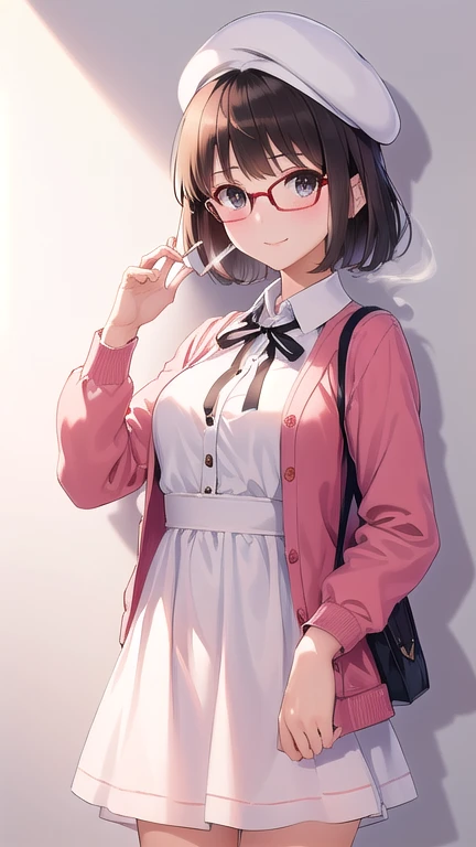 (masterpiece:1.6, best quality), (finely detailed beautiful eyes: 1.2), ph_katou, katouhdlong, katouhd, 1girl, solo, holding eyewear, hat, eyewear removed, dress, brown hair, bangs, holding, short hair, simple background, glasses, jacket, white background, open jacket, smile, white headwear, brown eyes, open clothes, blush, white dress, red jacket, ribbon, long sleeves, standing, closed mouth, beret, bow, neck ribbon, breasts, black ribbon, buttons, medium breasts, black-framed eyewear, short dress, backlighting, wing collar, manka,
(Smoking: 1.5), 1 cigarette, cigarette smoke, displeased expression, glaring at me