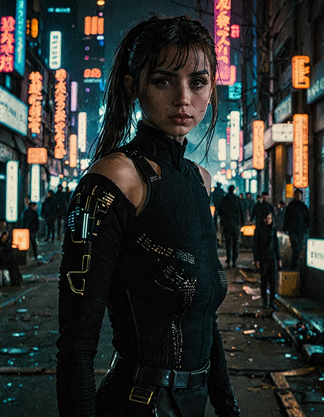 j0i woman, (face portrait:1.5),dramatic lighting,volumetric lighting,film grain,cinematic,looking at camera,depth of field,bokeh,wearing black outfit, full body shot,cyberpunk cityscape background,