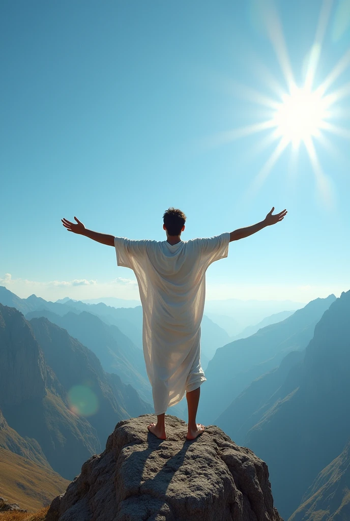 A young man stands on a rocky mountaintop, his arms raised to the sky in an expression of prayer and worship. He is alone, surrounded by the vastness of nature, with mountains and valleys stretching into the distance under a clear blue sky. The wind blows gently, moving his light clothing and short hair. There is a sense of freedom and connection with the divine as he prays silently, with an expression of reverence and contemplation. The sun high in the sky casts soft shadows on the rocks around him, creating a majestic and awe-inspiring scene.