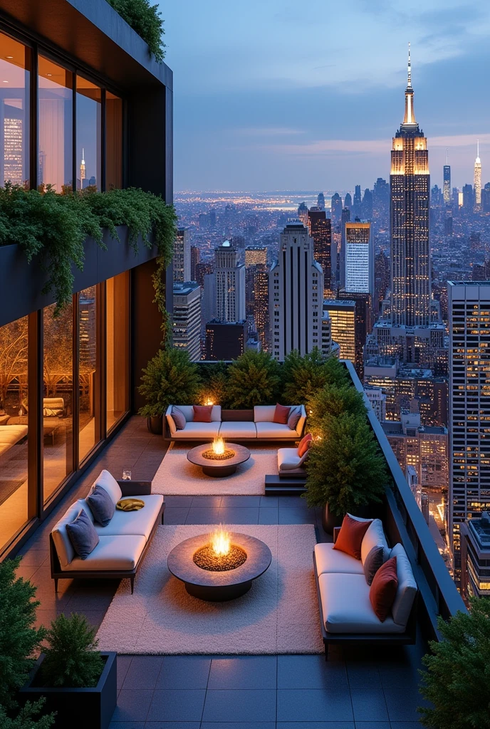 Create me a penthouse in New York, but it should be more than just focusing on the terrace, and when I'm on the terrace, There should be a Chill Area with awesome views of the skyline