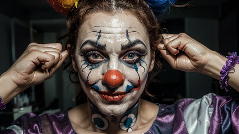 Create the image of a clown man. scary makeup, (Face focus)., With a scary smile