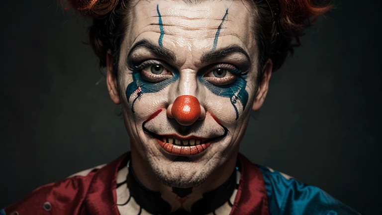 Create the image of a clown man. scary makeup, (Face focus)., With a scary smile