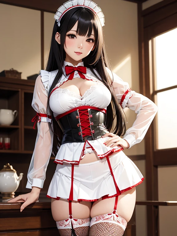 Photorealistic, high resolution, A Japanese Maid named Kimmi, solo, heavy makeup, Hips up, (standing) (Detailed face), Black hair, Long hair, red and white corset, white lace Panties , red micro skirt, fishnet Stockings. Fully clothed.