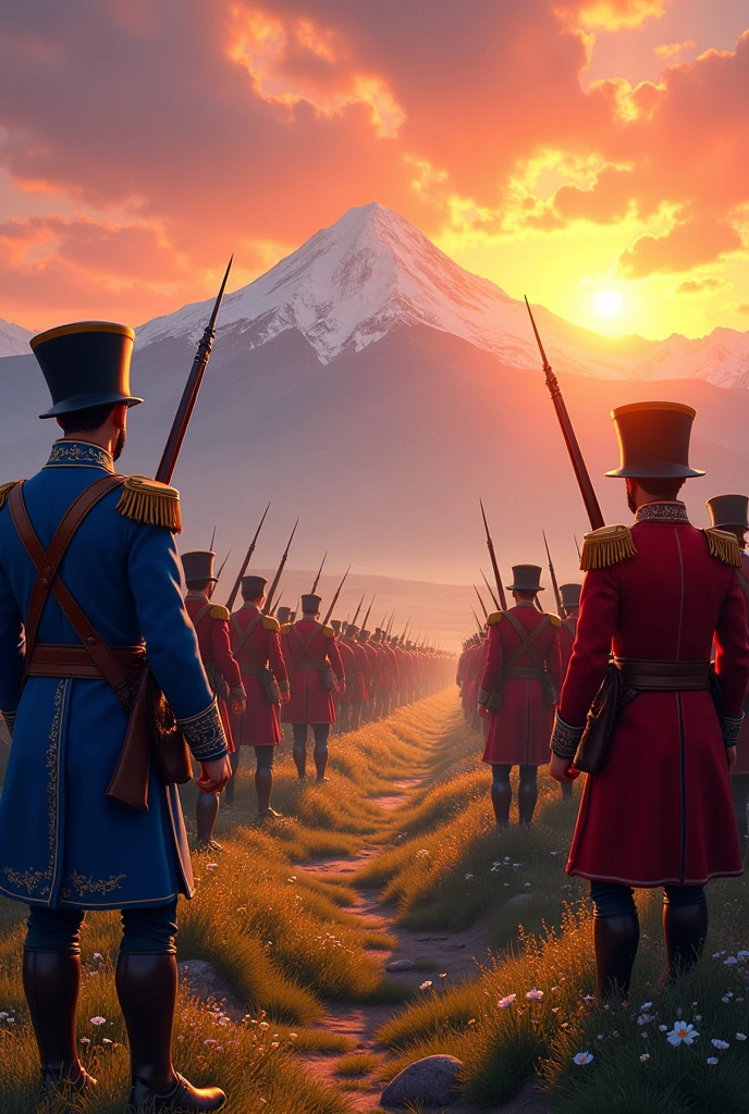A sunrise in the Andes, with patriot and royalist soldiers preparing for battle. animated style