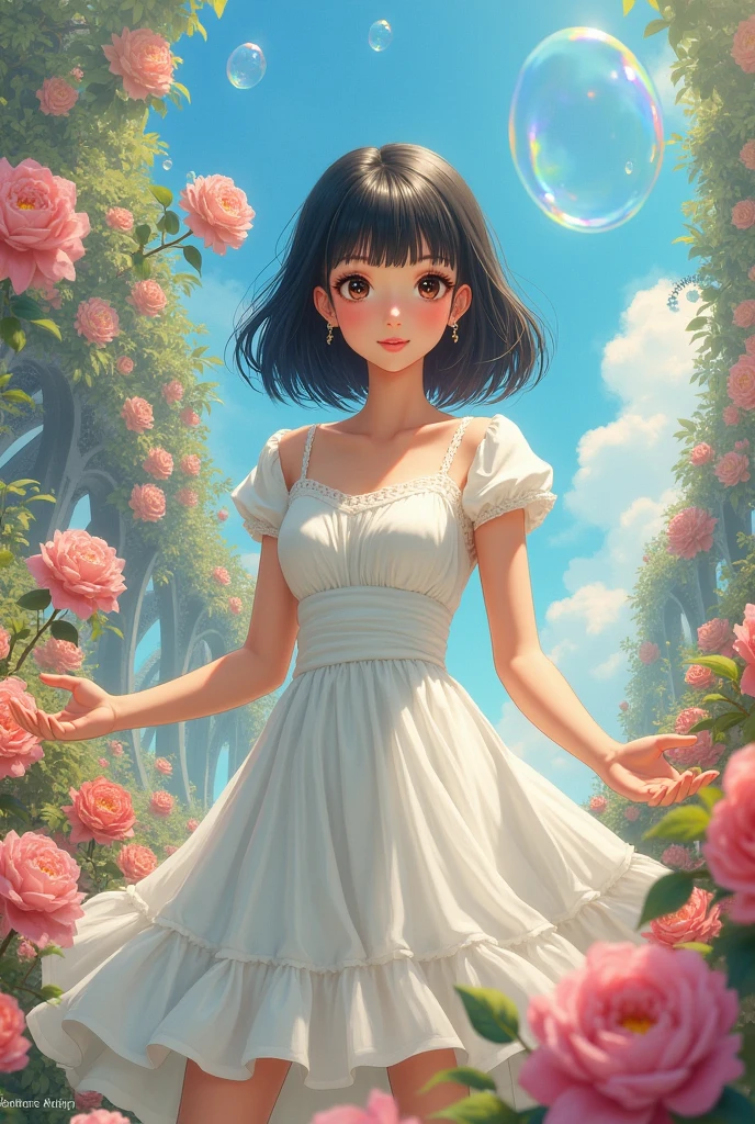 Fantastic World。Surrounded by flowers, gears and soap bubbles。Classy white dress。Longish short hair、The bangs are straight and reach the eyes。
She resembles Kyoko Fukada and Noriko Sakai。
A gentle gaze、The head is thick and short、The chest, arms, and thighs are large.。Selfish Body。thick。
Thin, raised eyebrows、Sharp, slanted down-turned eyes、Smiling with outstretched arms and calling