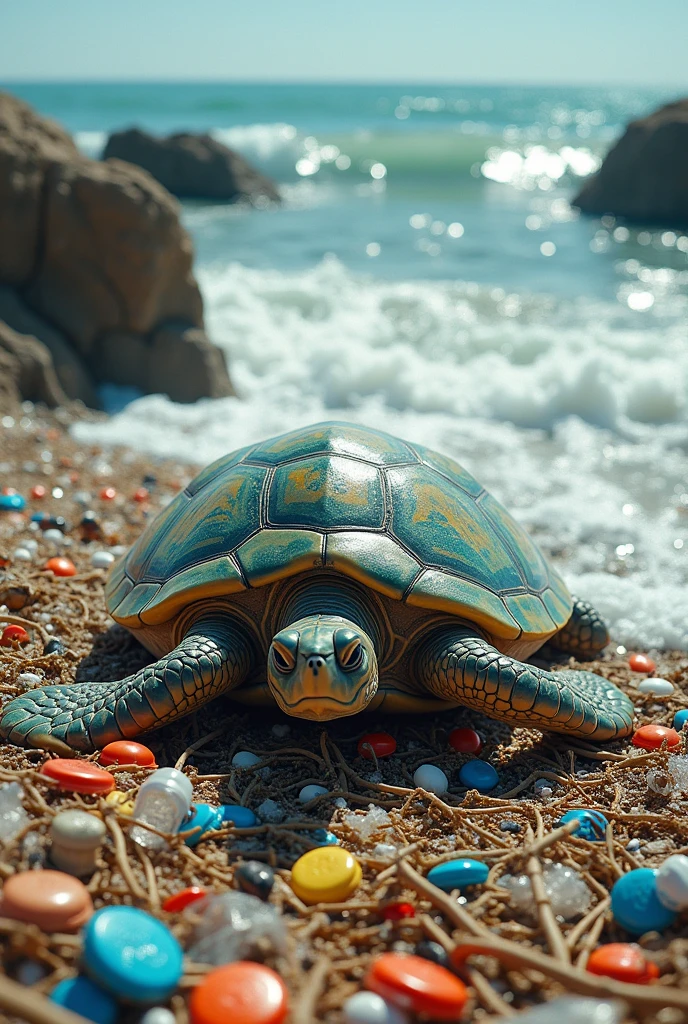 Turtle in plastic garbage coast