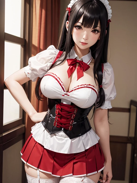 Photorealistic, high resolution, A Japanese Maid named Kimmi, solo, heavy makeup, Hips up, (standing) (Detailed face), Black hair, Long hair, red and white corset, white lace Panties , red micro skirt, fishnet Stockings. Fully clothed.