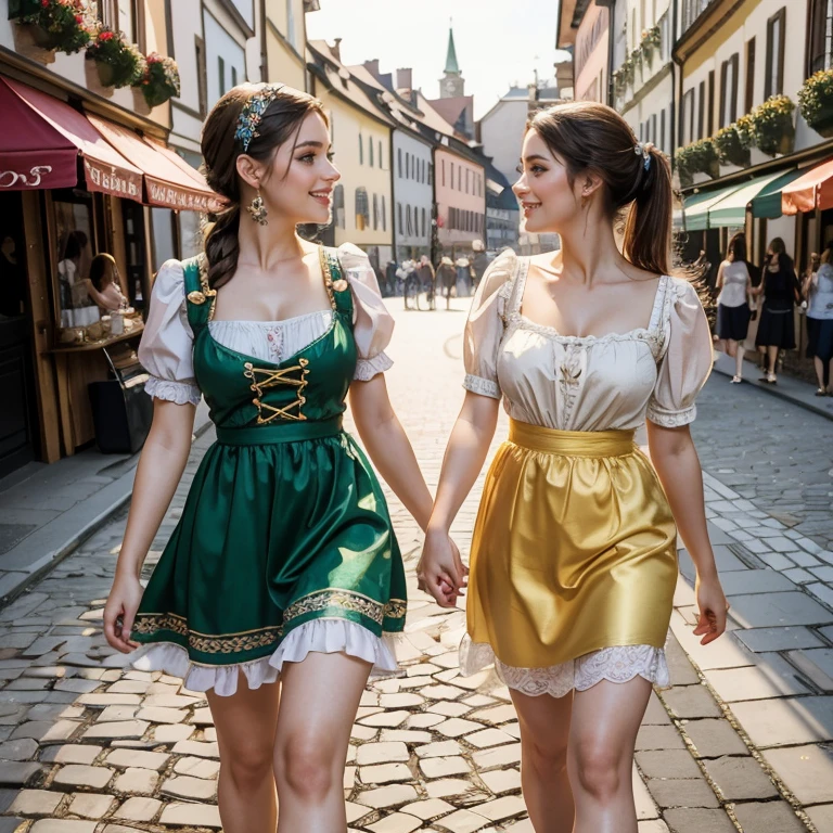 (​masterpiece, best quality:1.5), highest quality, High resolution, super detailed, Realists, Full body photo of a 22-year-old brunette woman, detailed and beautiful eyes, beautiful detailed lips, very detailed eyes and face, longeyelashes, A 22-year-old woman in a beautiful short shimmering satin dirndl, Details in the dress fabric, Beautiful and colorful makeup, elegant and noble々Pose, hairband, ponytail hairstyle, Munich as a backdrop, bright daylight, bright colors, fine brushstrokes, Portrait style, beautiful color palette, glowing skin, First-class rendering, that captures every detail, enchanting atmosphere, (perfect anatomy:1.2), (The two stunning women are wearing a beautiful short dirndl with stockings.. smiling in love and full of joy for the festival, nice legs. They walk hand in hand down the street. Beautiful shoes   (magnificent panorama view:1.2)