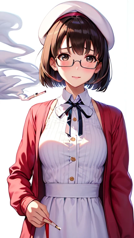 (masterpiece:1.6, best quality), (finely detailed beautiful eyes: 1.2), ph_katou, katouhdlong, katouhd, 1girl, solo, holding eyewear, hat, eyewear removed, dress, brown hair, bangs, holding, short hair, simple background, glasses, jacket, white background, open jacket, smile, white headwear, brown eyes, open clothes, blush, white dress, red jacket, ribbon, long sleeves, standing, closed mouth, beret, bow, neck ribbon, breasts, black ribbon, buttons, medium breasts, black-framed eyewear, short dress, backlighting, wing collar, manka,
(Smoking: 1.5), 1 cigarette, cigarette smoke, displeased expression, glaring at me