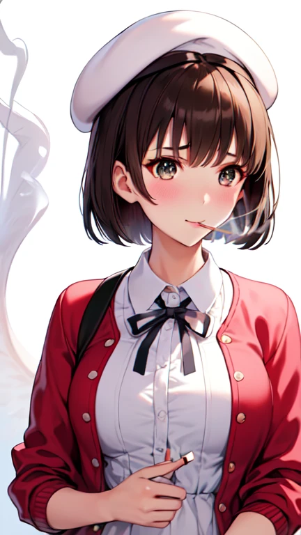 (masterpiece:1.6, best quality), (finely detailed beautiful eyes: 1.2), ph_katou, katouhdlong, katouhd, 1girl, solo, holding eyewear, hat, eyewear removed, dress, brown hair, bangs, holding, short hair, simple background, glasses, jacket, white background, open jacket, smile, white headwear, brown eyes, open clothes, blush, white dress, red jacket, ribbon, long sleeves, standing, closed mouth, beret, bow, neck ribbon, breasts, black ribbon, buttons, medium breasts, black-framed eyewear, short dress, backlighting, wing collar, manka,
(Smoking: 1.5), 1 cigarette, cigarette smoke, displeased expression, glaring at me