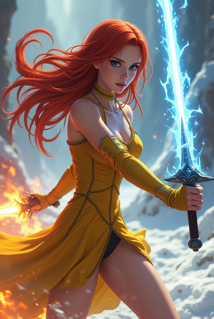 Adult anime woman chainmail short yellow dress cleavage fithing with 2 swords : ice sword and flame sword red hair