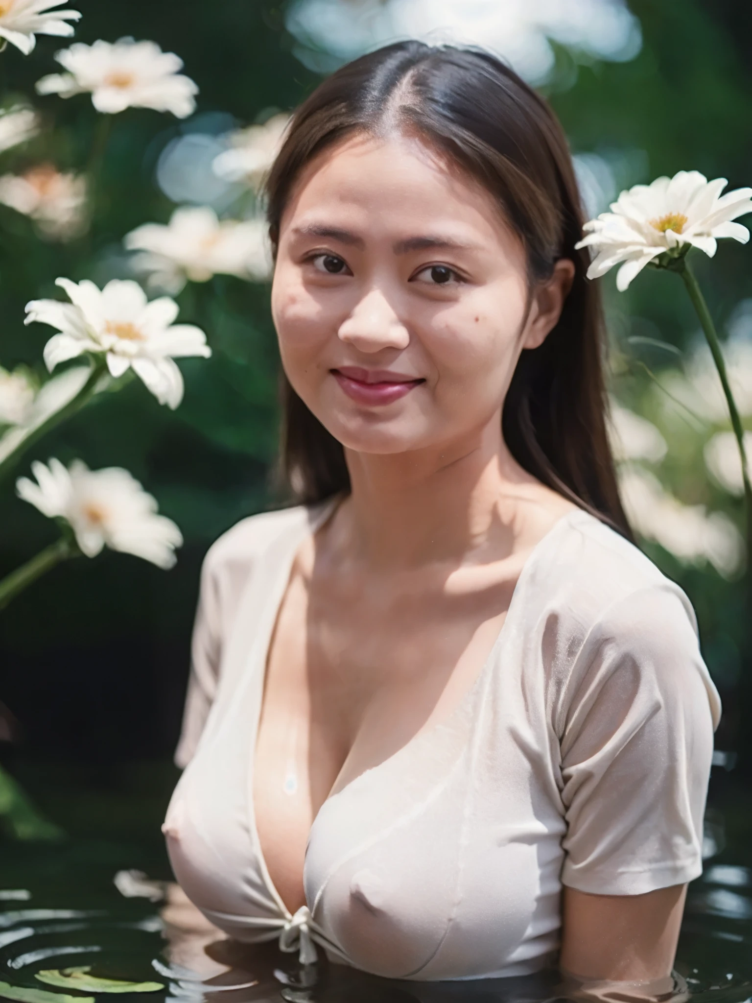 1girl, see-through blouse, short sleeve, tyndall effect, detailed face, looking at viewer, gentle smile, side lighting, (masterpiece:1.4), best quality, high resolution, cinematic lighting, (white flower:1.4) inside kintsugi lacquer vase, on water, (water reflection:1.2), super details, sharp focus, natural lighting, depth of field, vibrant, water ripples, (gigantic breast:1.2),