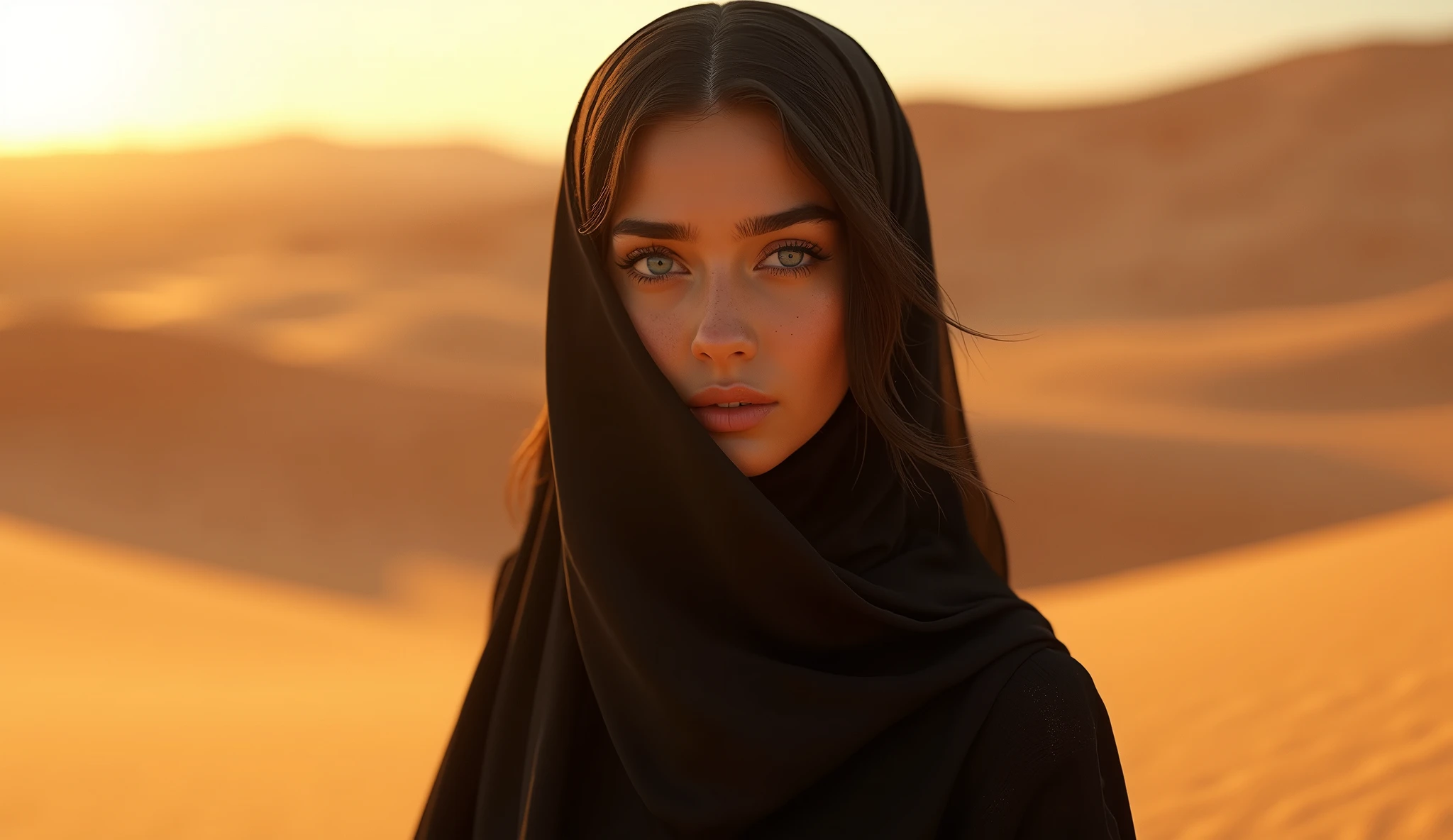 beautiful Arab girl , with expressive beautiful blue eyes , dressed in a dark dress and everything is covered except for her expressive eyes , the look is alluring , in the background is the desert of sugar . cinematic lighting, golden hour, glamorous look, by Dustin Nguyen, Akihiko Yoshida, Greg Tocchini, Greg Rutkowski, Cliff Chiang, 4k resolution, trending on artstation